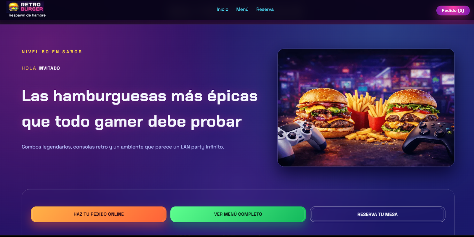 Portada de RetroBurger con hamburguesas y estética gamer: diseño web para hamburguesería en Vigo