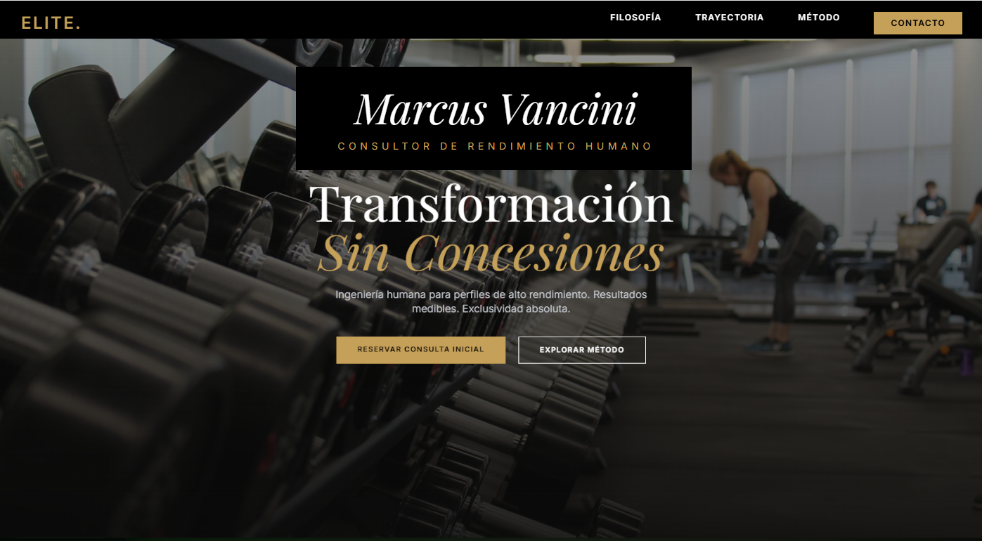 Portada de Marcus Vancini con entrenamiento y pesas: diseño web para entrenador personal