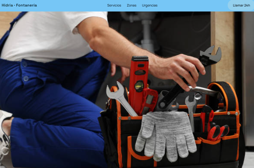 Portada de Hidria con fontanero y herramientas: diseño web para servicios de fontanería en Vigo