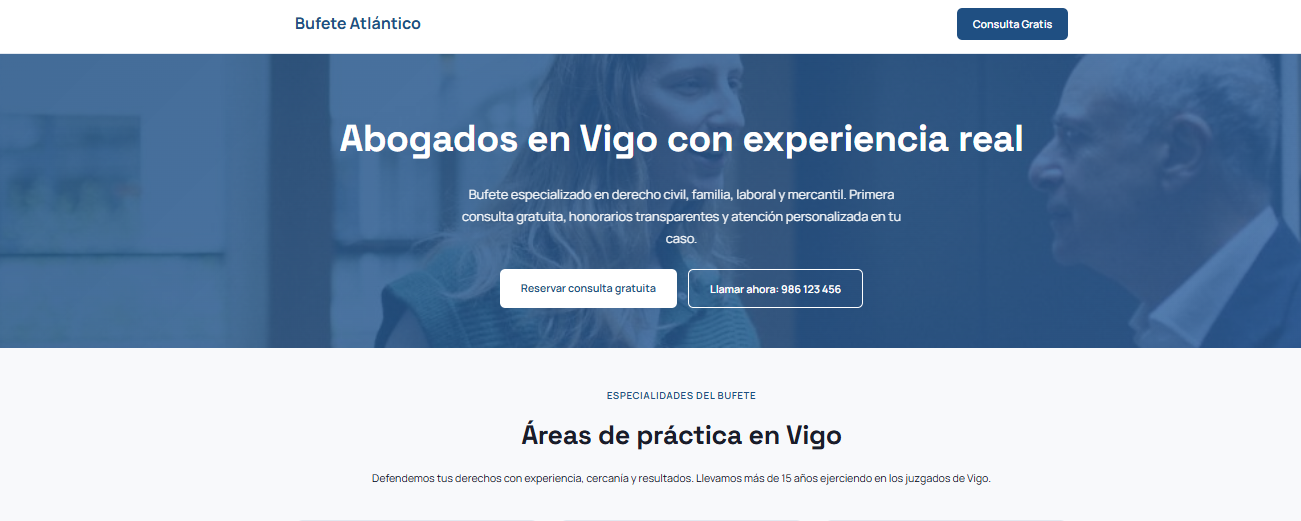 Portada y áreas de práctica de Bufete Atlántico: diseño web para abogados en Vigo