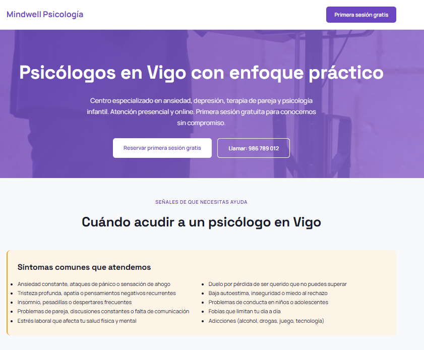 Portada y especialidades de Mindwell: diseño web para centro de psicología en Vigo